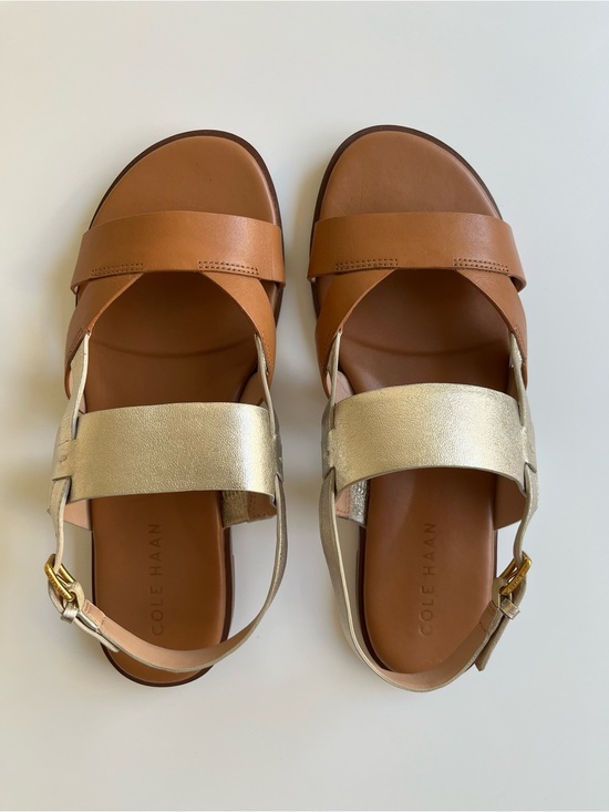 Cole Haan Shoes - Cole Haan Tan and Gold Leather Cross-Strap Sandals
